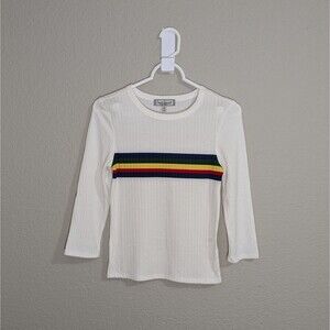 Girls White Shirt Top Rainbow Stripe 3/4 Sleeve Size M Round Neck